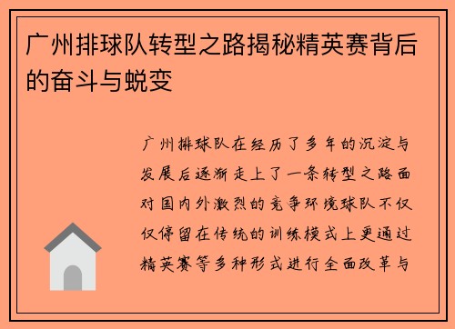 广州排球队转型之路揭秘精英赛背后的奋斗与蜕变