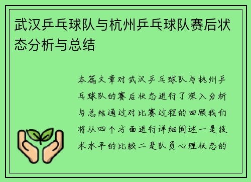 武汉乒乓球队与杭州乒乓球队赛后状态分析与总结